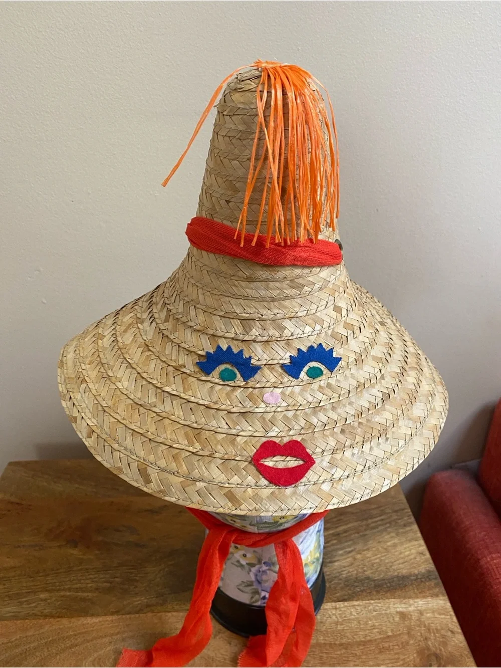 VTG Kitsch Straw Hat Ladies Face Palm Springs - Picture 9 of 9